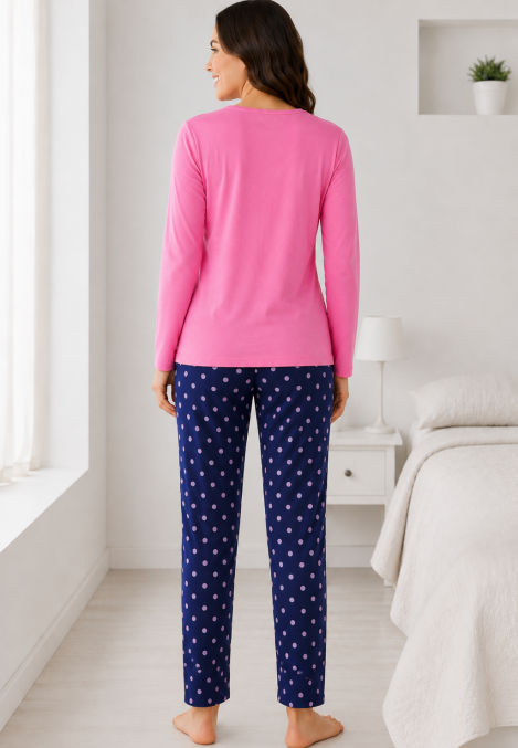 Pijama de damă cu bluză cu maneca lunga și pantaloni -Roz pal,Engros